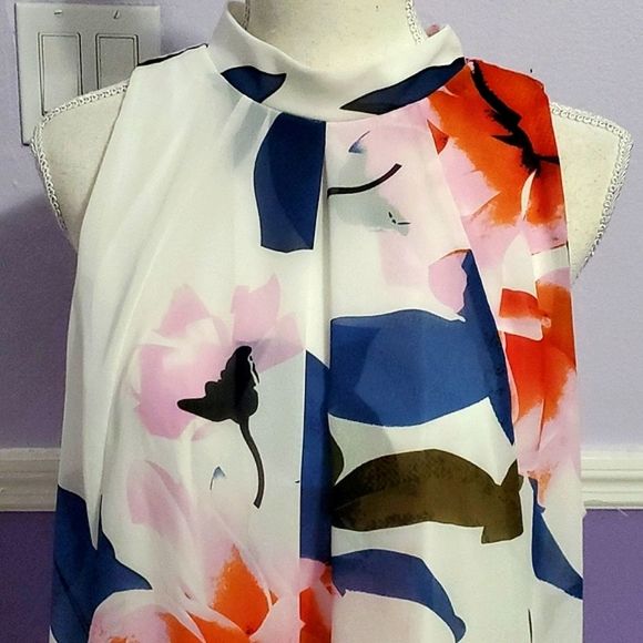 Signature Robbie Bee Off White Colorful Floral High Neck Shift Flowy Mini Dress - Picture 4 of 13